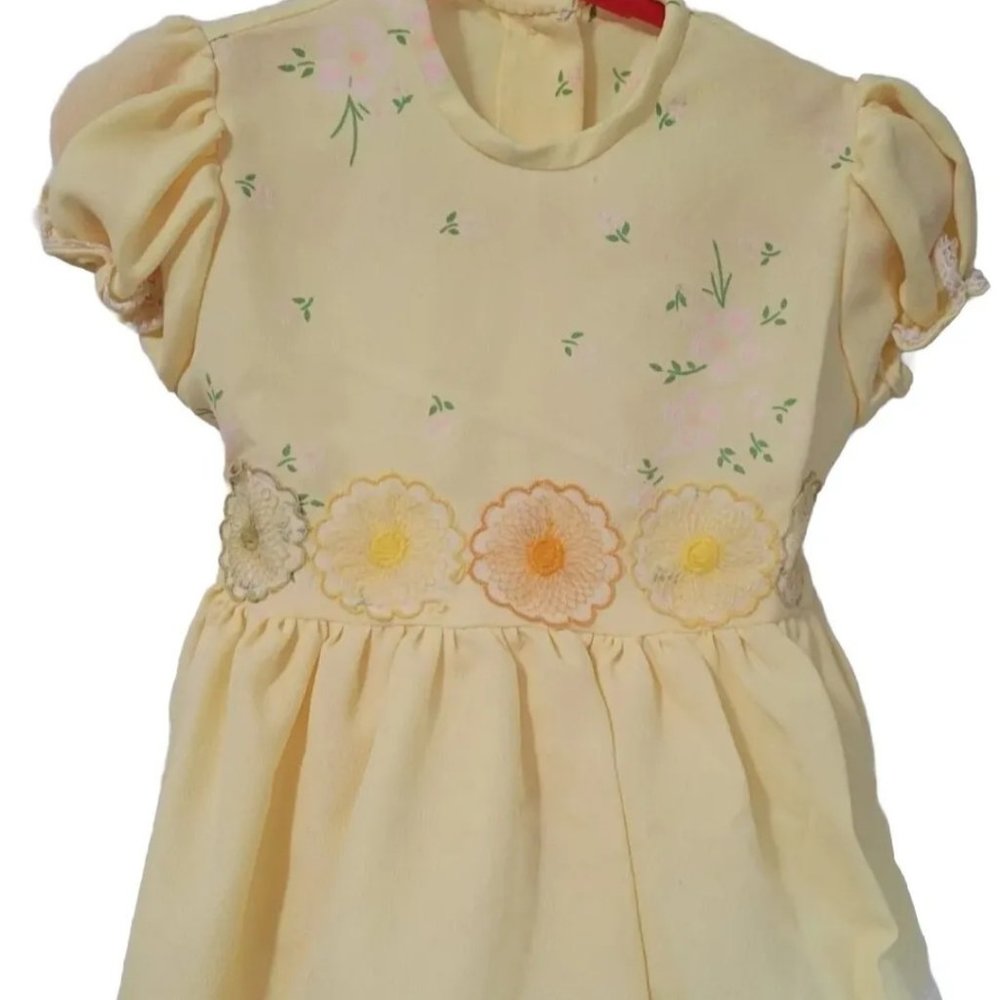 Vintage Yellow Dress Toddler Baby Girls Floral 60s 70s Crochet flowers